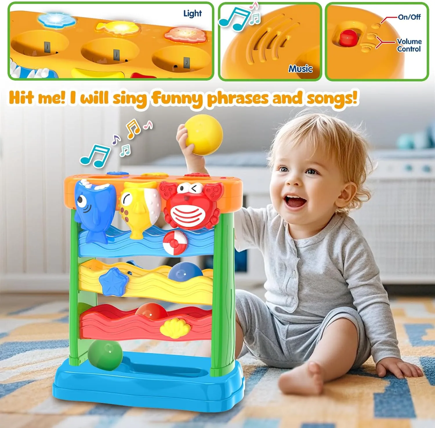 Pound A Ball Toys for 1 2 3 Years Old Boys Girls, Toddler Musical Toy for 6-12-18-24 Months, Interactive Montessori Toys with Light & Sound,Christmas Birthday Gifts for Baby Age 1-2 Years Old