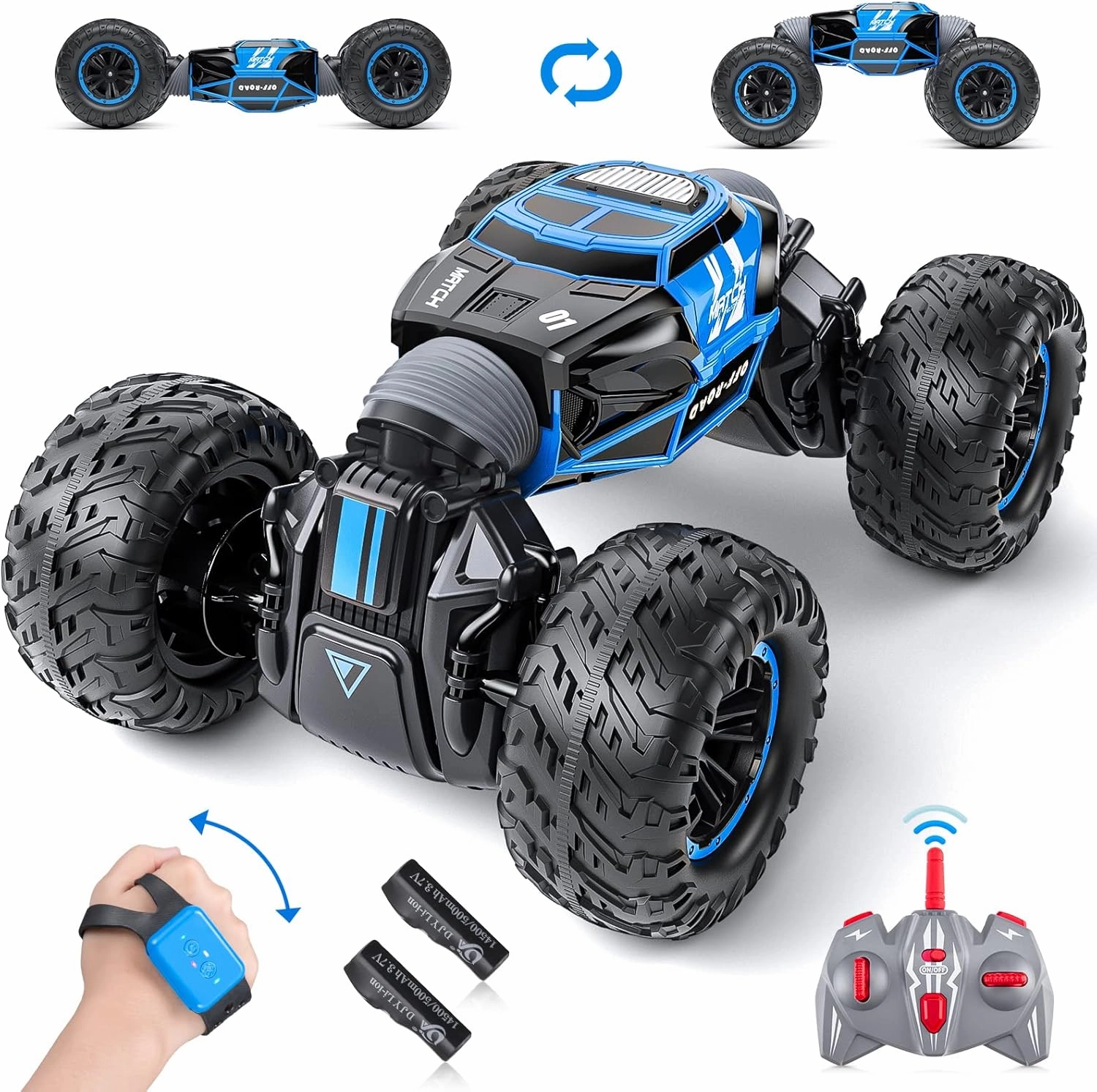 Powerextra Gesture Sensing RC Car, 1:16 Scale Outdoor Remote Control 4WD Stunt Car, Double Side All Terrains Toy with Two Batteries, 50  Mins Play Time for Kids & Boys