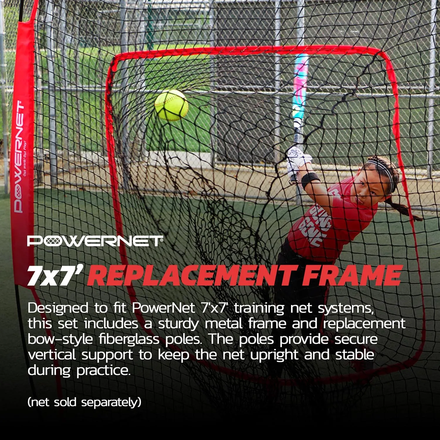 PowerNet 7x7 FT Baseball & Softball Net Replacement Parts, Replace 7x7 FT Frame, Net Only or Carry Bag, Metal Frame and Fiberglass Poles, Durable Nets & Bags Available in Team Colors