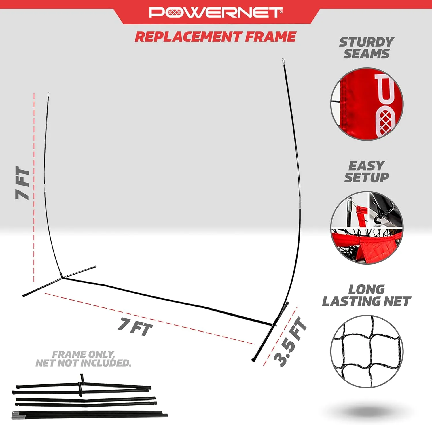PowerNet 7x7 FT Baseball & Softball Net Replacement Parts, Replace 7x7 FT Frame, Net Only or Carry Bag, Metal Frame and Fiberglass Poles, Durable Nets & Bags Available in Team Colors