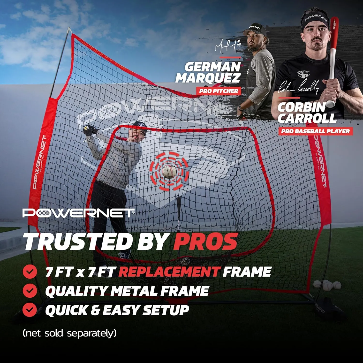 PowerNet 7x7 FT Baseball & Softball Net Replacement Parts, Replace 7x7 FT Frame, Net Only or Carry Bag, Metal Frame and Fiberglass Poles, Durable Nets & Bags Available in Team Colors