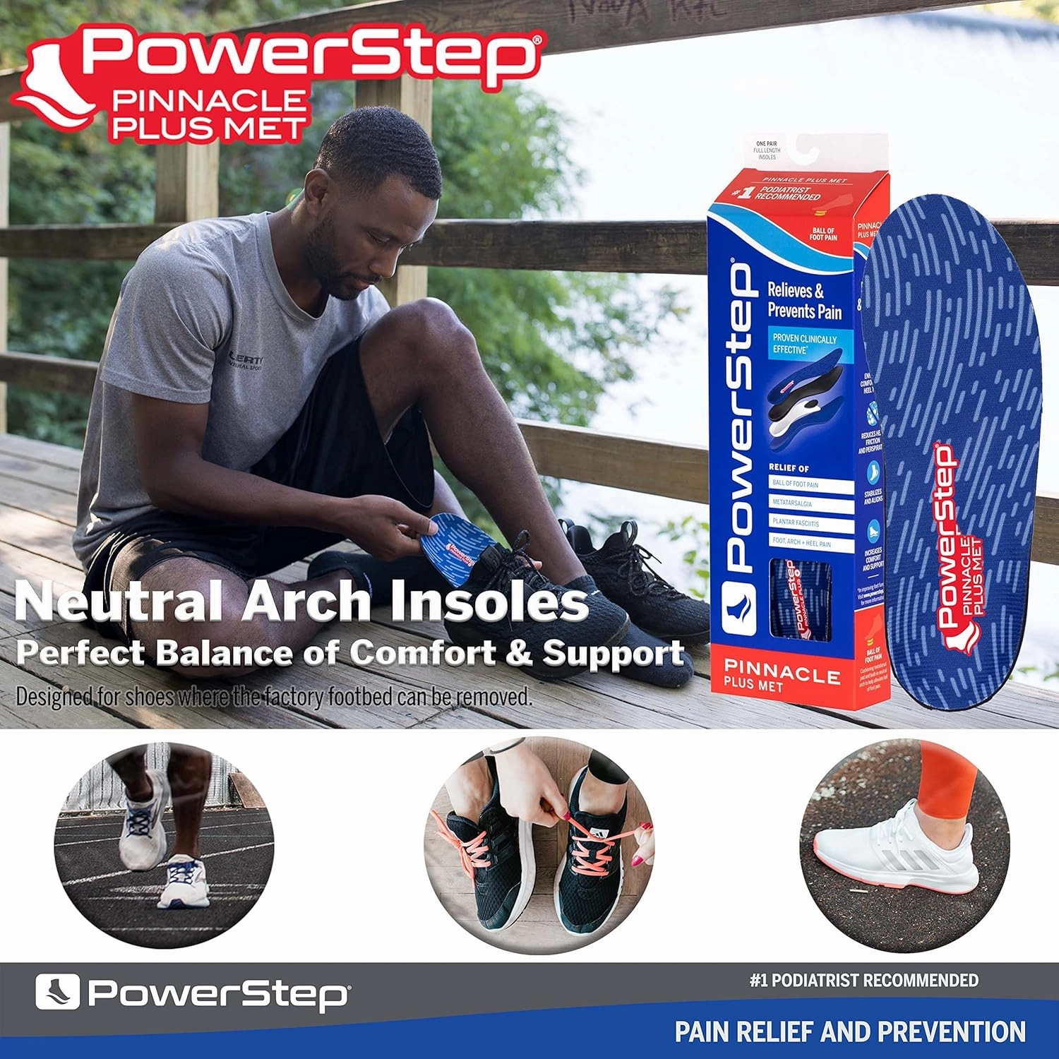 PowerStep Pinnacle Plus Ball of Foot Pain Relief Orthotics - Shoe Inserts for Metatarsalgia, Arch Support & Morton's Neuroma Pain Relief - Made in USA Insoles with Metatarsal Pad (M 10-10.5, F 12)