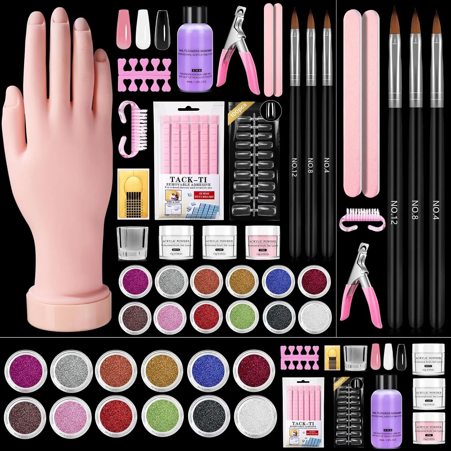 Practice Hand for Acrylic Nails Kit: Fake Practice Hand for Nail Extensions Nail Caving Practice - Flexible Nail Mannequin Hand with Acrylic Nail Kits for Beginners