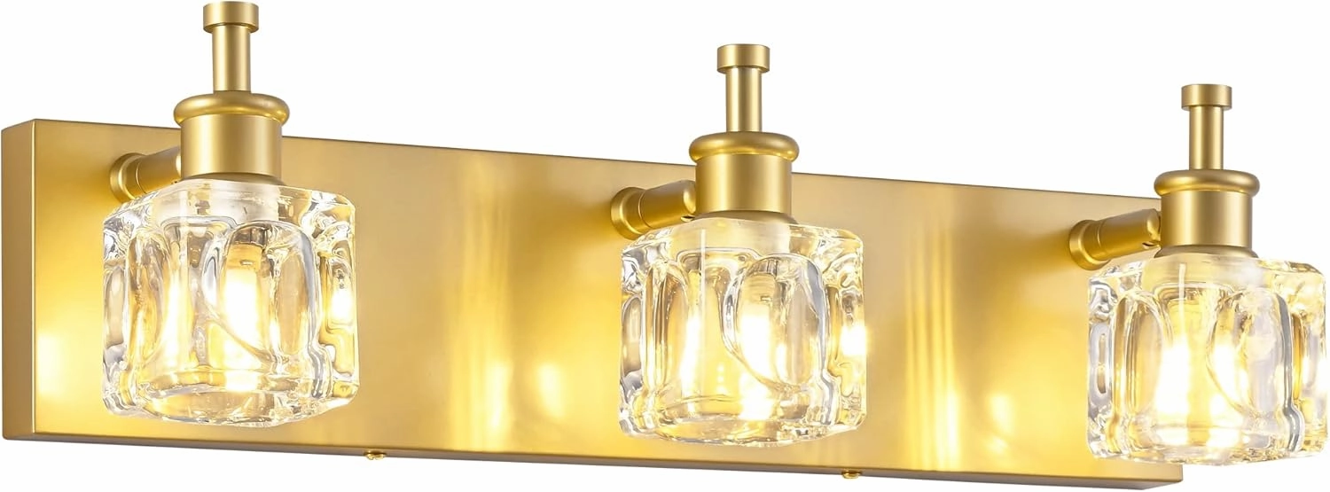 PRESDE Bathroom Vanity Lights Modern Crystal Gold 3 Light Bathroom Lights Fixtures Over Mirror Vanity Light for Bathroom(Exclude Bulb)