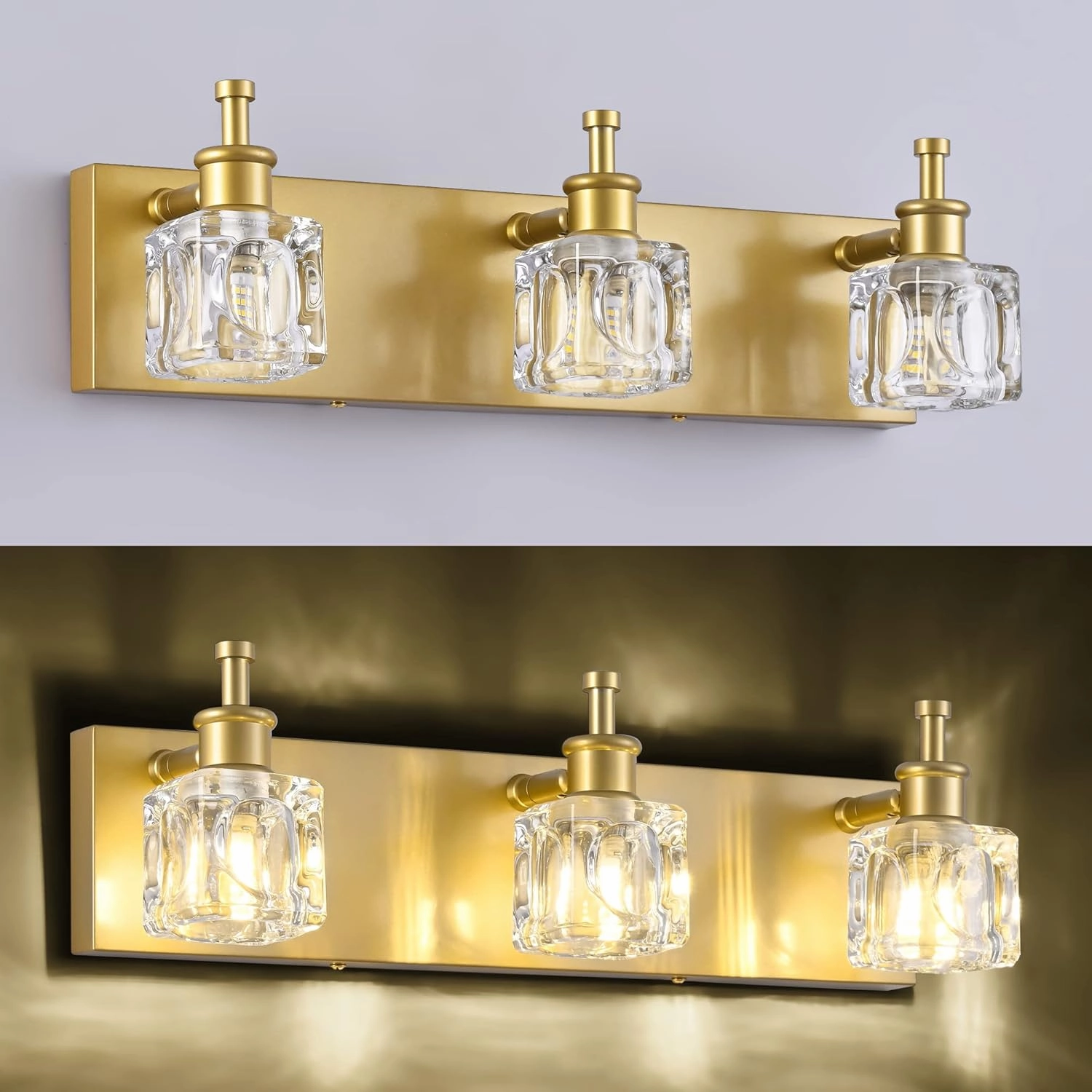 PRESDE Bathroom Vanity Lights Modern Crystal Gold 3 Light Bathroom Lights Fixtures Over Mirror Vanity Light for Bathroom(Exclude Bulb)