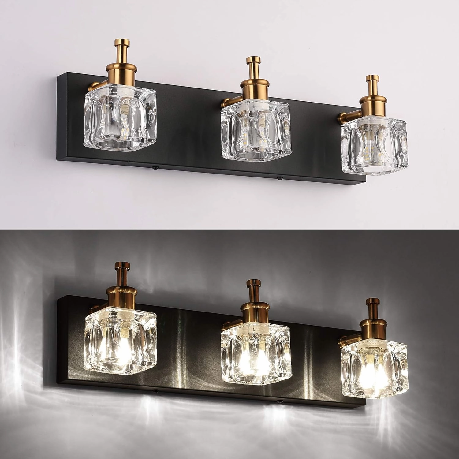 PRESDE Modern Black Bathroom Vanity Light Fixtures Over Mirror LED Crystal 3 Light Bath Wall Lighting(Exclude Bulb)