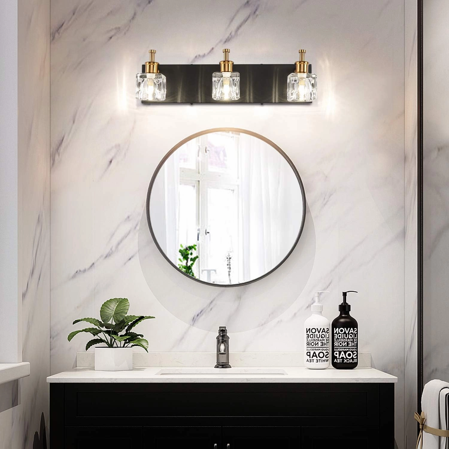 PRESDE Modern Black Bathroom Vanity Light Fixtures Over Mirror LED Crystal 3 Light Bath Wall Lighting(Exclude Bulb)