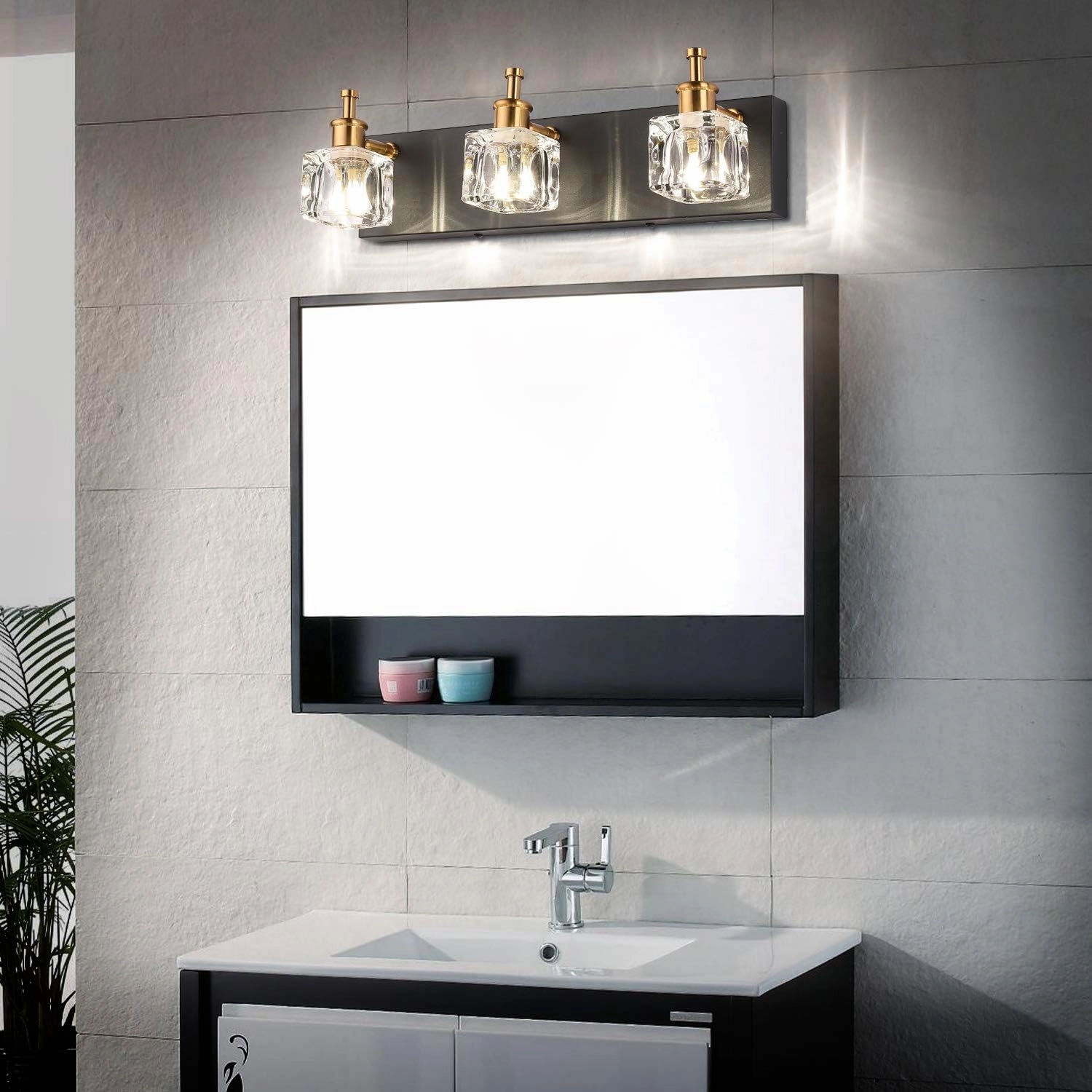 PRESDE Modern Black Bathroom Vanity Light Fixtures Over Mirror LED Crystal 3 Light Bath Wall Lighting(Exclude Bulb)