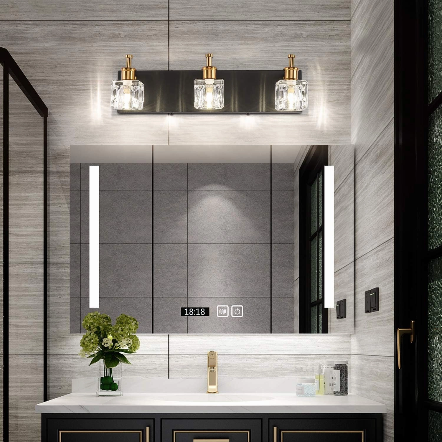 PRESDE Modern Black Bathroom Vanity Light Fixtures Over Mirror LED Crystal 3 Light Bath Wall Lighting(Exclude Bulb)