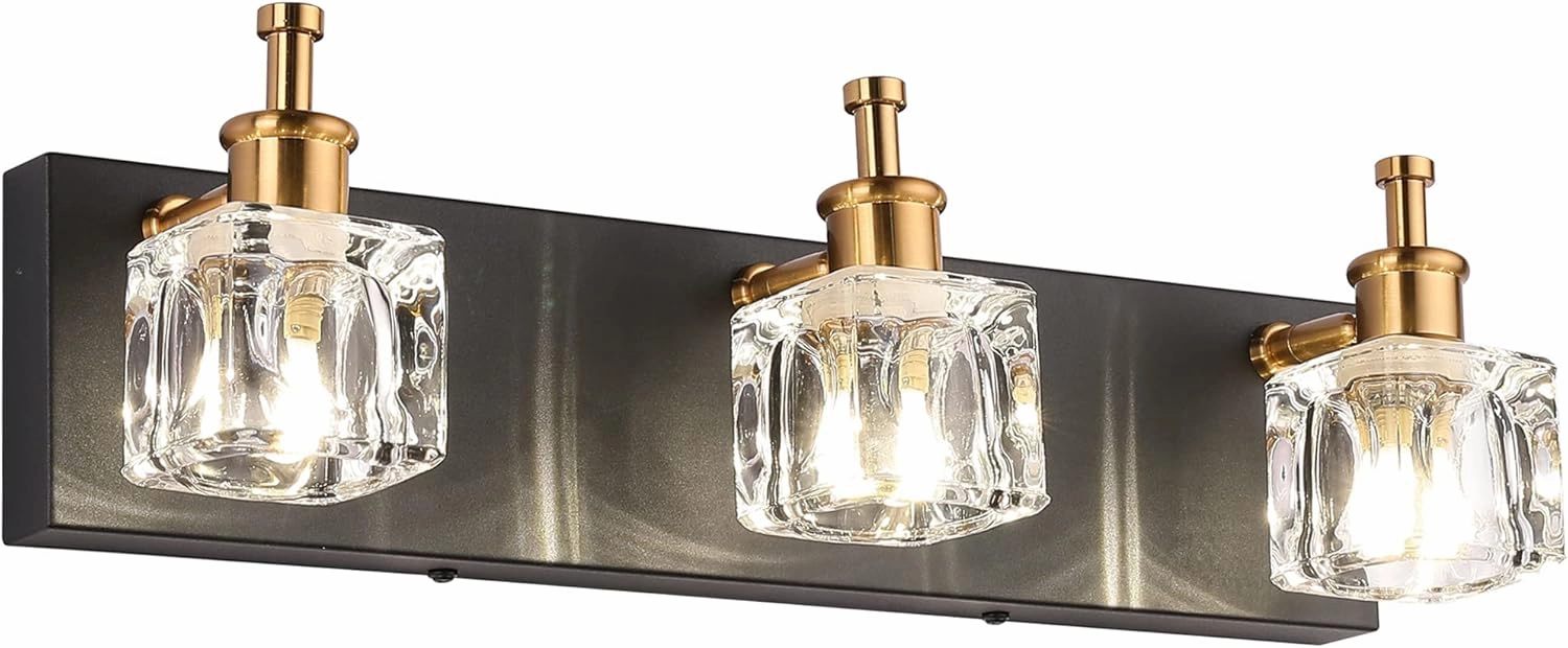 PRESDE Modern Black Bathroom Vanity Light Fixtures Over Mirror LED Crystal 3 Light Bath Wall Lighting(Exclude Bulb)
