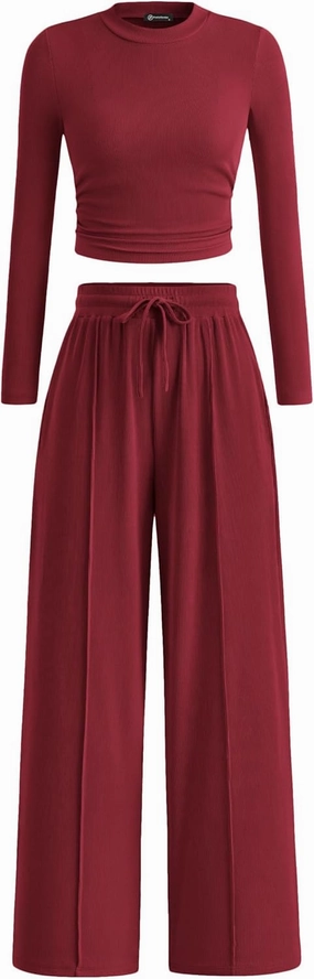 PRETTYGARDEN Women's 2 Piece Loungewear Long Sleeve Crop Top Wide Leg Palazzo Pants Set Tracksuits Casual Outfit
