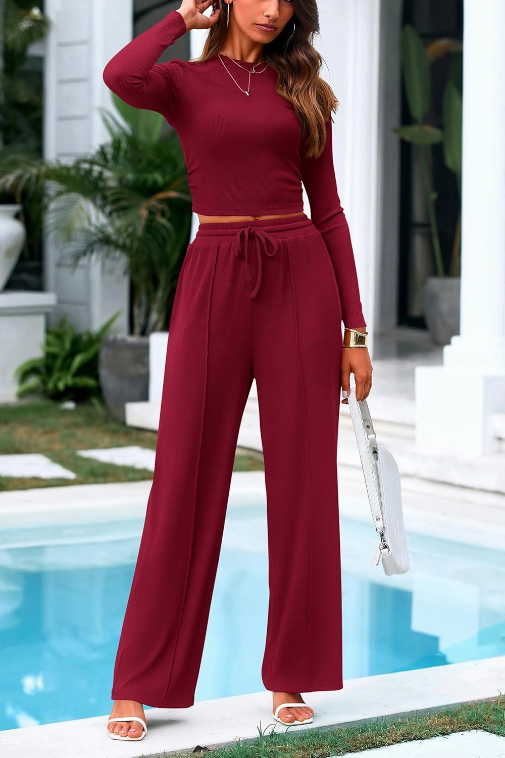 PRETTYGARDEN Women's 2 Piece Loungewear Long Sleeve Crop Top Wide Leg Palazzo Pants Set Tracksuits Casual Outfit