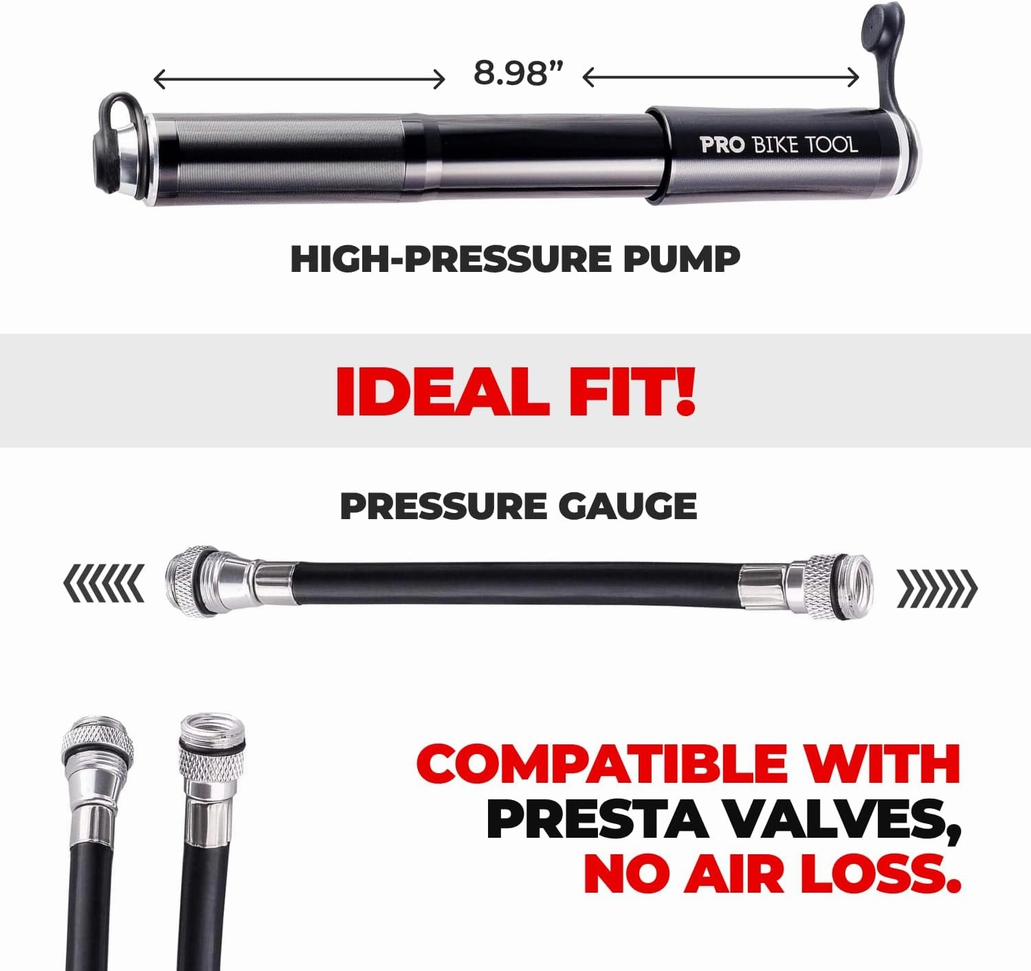 PRO BIKE TOOL Bike Pump with Gauge Fits Presta and Schrader - Accurate Inflation - Mini Bicycle Tire Pump for Road, Mountain and BMX Bikes, High Pressure 100 PSI, Includes Mount Kit