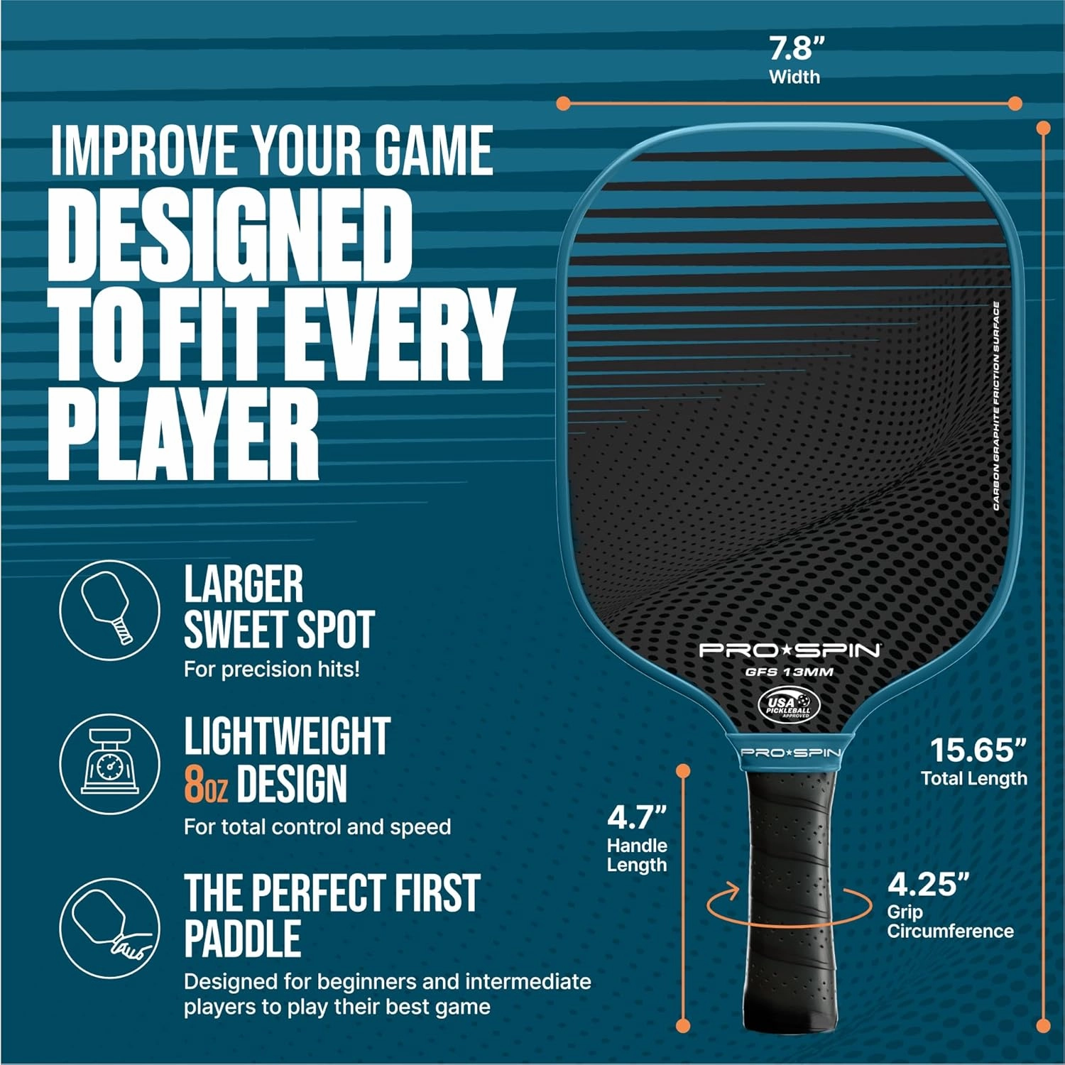 PRO SPIN Pickleball Paddle - USAPA-Approved, Graphite Carbon Pickle Ball Paddle, Zippered Cover, Comfortable Grip - Great Pickle-Ball Racket & Gift for Men, Women, Adults, Kids