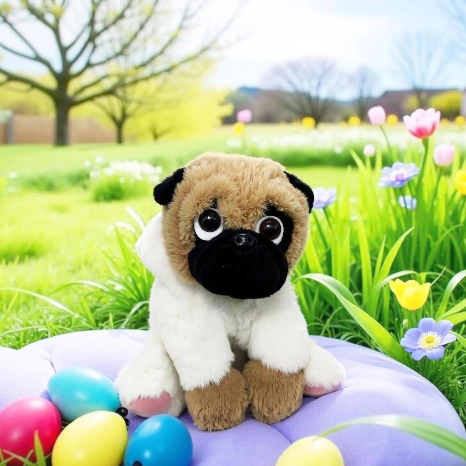 Pug Stuffed Animal Dog Puppy Soft Cuddly Animal Toy in Easter Bunny Costumes - Super Cute Quality Rabbit Dog Plush Children Easter Basket Stuffers Decoration