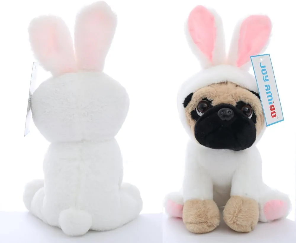Pug Stuffed Animal Dog Puppy Soft Cuddly Animal Toy in Easter Bunny Costumes - Super Cute Quality Rabbit Dog Plush Children Easter Basket Stuffers Decoration