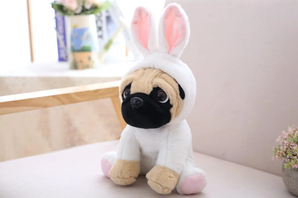 Pug Stuffed Animal Dog Puppy Soft Cuddly Animal Toy in Easter Bunny Costumes - Super Cute Quality Rabbit Dog Plush Children Easter Basket Stuffers Decoration