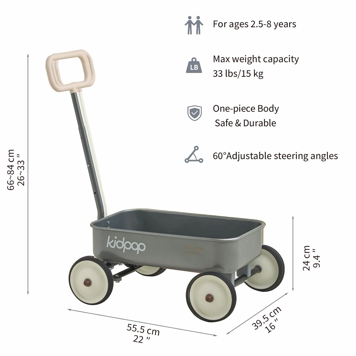 PULA-Wild 2-in-1 Kids' Pull-Along Wagon Toddlers Push Walker for 2.5-8 Adjustable Handlebar, Birthday Gifts Max Weight 33 lbs (Grey)