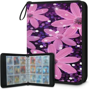 Purple Daisies 3 Ring Trading Zipper Binder Strap, Trading Card Binder 4 Pocket, 400 Pockets Card Holder with 50 Removable Sleeves for Game Cards
