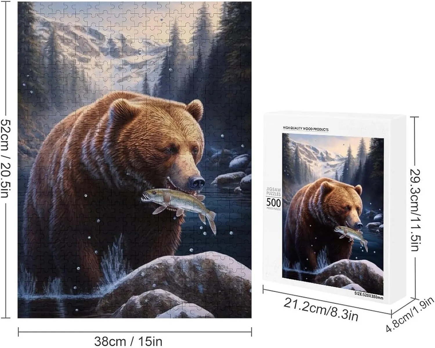 Puzzles for Adults 500 Pieces - Brown Bear Catching Fish Best Challenging Puzzles for Cognitive Workout - Safe Eco-Friendly - Most Popular Leisure Activities