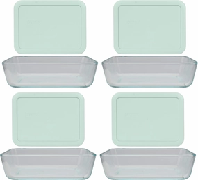 Pyrex (4) 7210 3 Cup Glass Dishes & (4) 7210-PC Muddy Aqua Lids