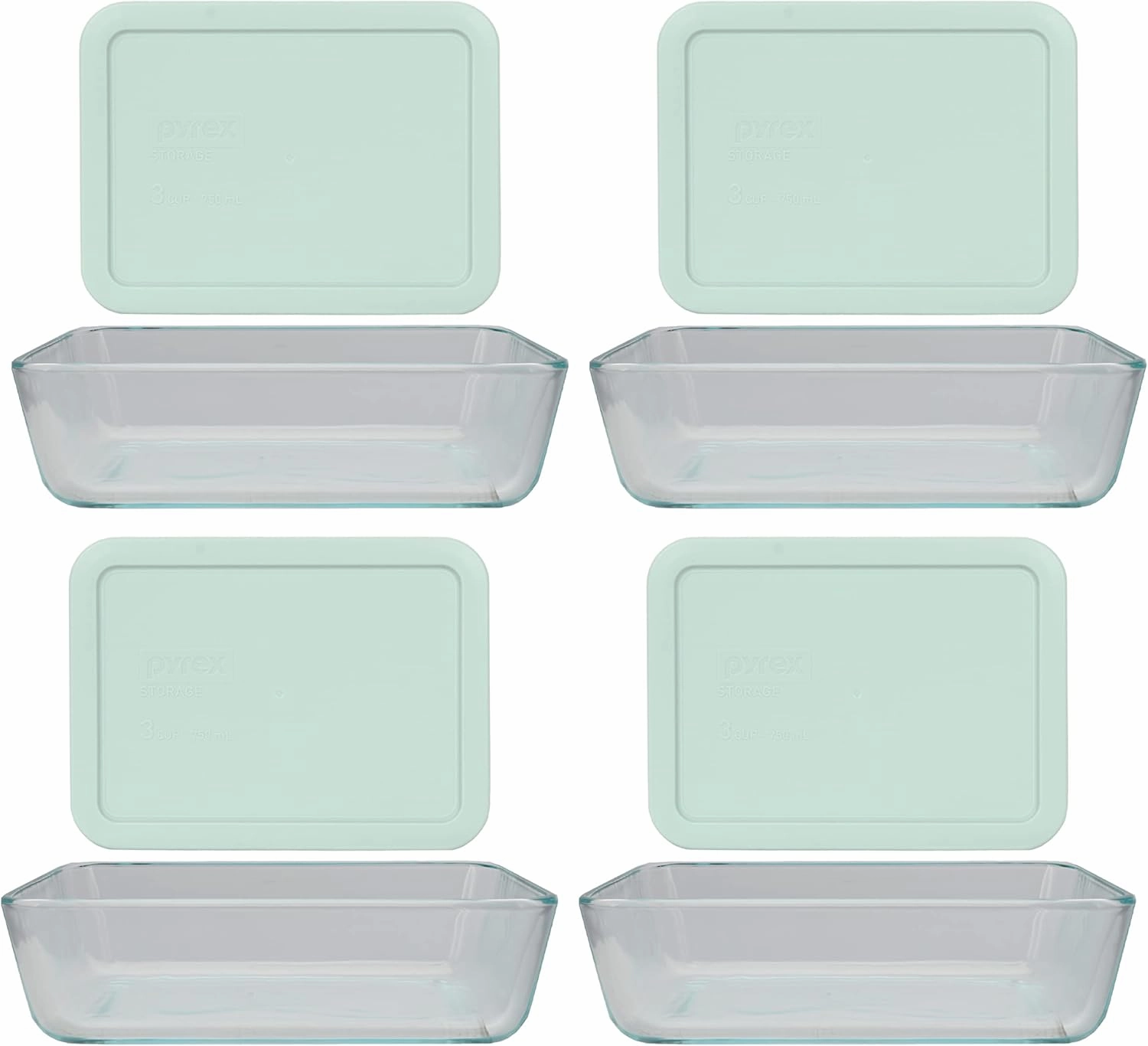 Pyrex (4) 7210 3 Cup Glass Dishes & (4) 7210-PC Muddy Aqua Lids