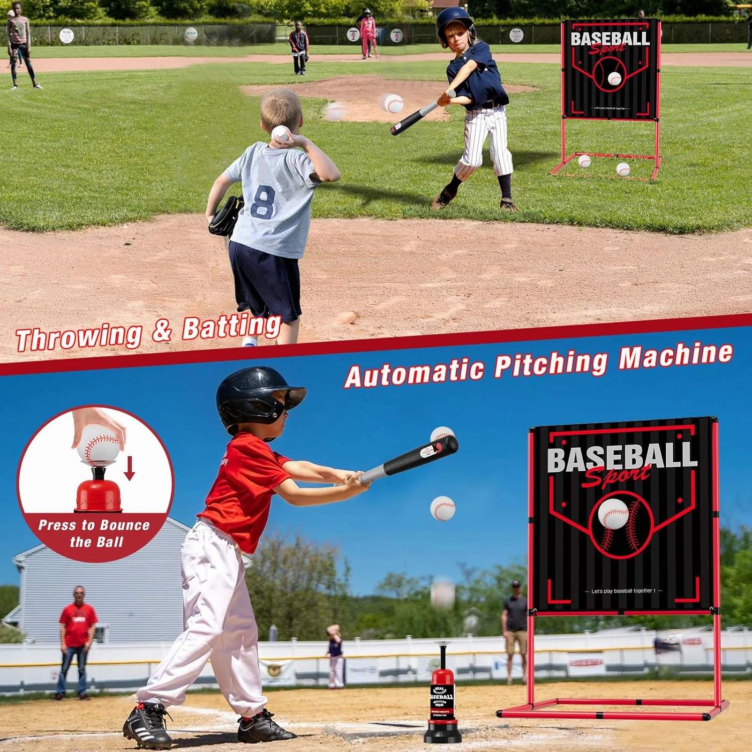 QDRAGON 2 in 1 Baseball Strike Zone Target with Automatic Pitching Machine, Adjustable Height T Ball Set with 3 Softballs/Bat for Youth Toddlers Kids, Outdoor Indoor Sport Toys Gifts for Boys Girls
