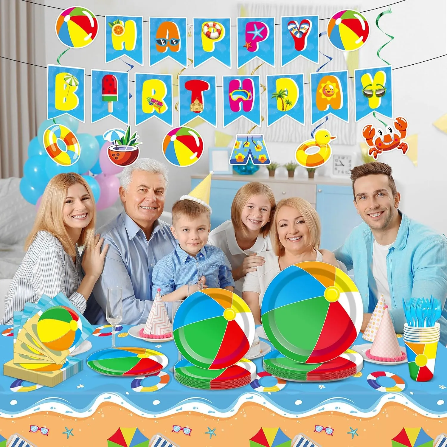 Qyeahkj 184pcs Summer Beach Ball Party Supplies Set Includes Plates Napkins Cups Tablecloth Swirls Banner Tableware Kit Dispose Summer Pool Birthday Decorations Favors, Serve 25