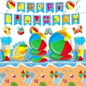 Qyeahkj 184pcs Summer Beach Ball Party Supplies Set Includes Plates Napkins Cups Tablecloth Swirls Banner Tableware Kit Dispose Summer Pool Birthday Decorations Favors, Serve 25