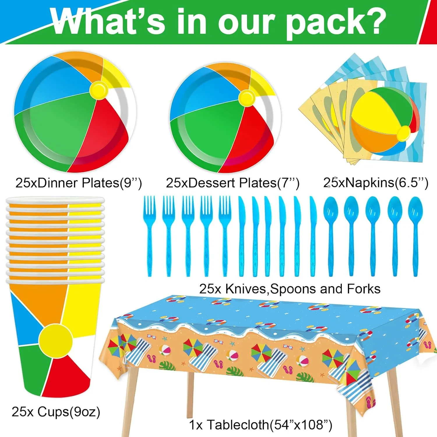 Qyeahkj 184pcs Summer Beach Ball Party Supplies Set Includes Plates Napkins Cups Tablecloth Swirls Banner Tableware Kit Dispose Summer Pool Birthday Decorations Favors, Serve 25