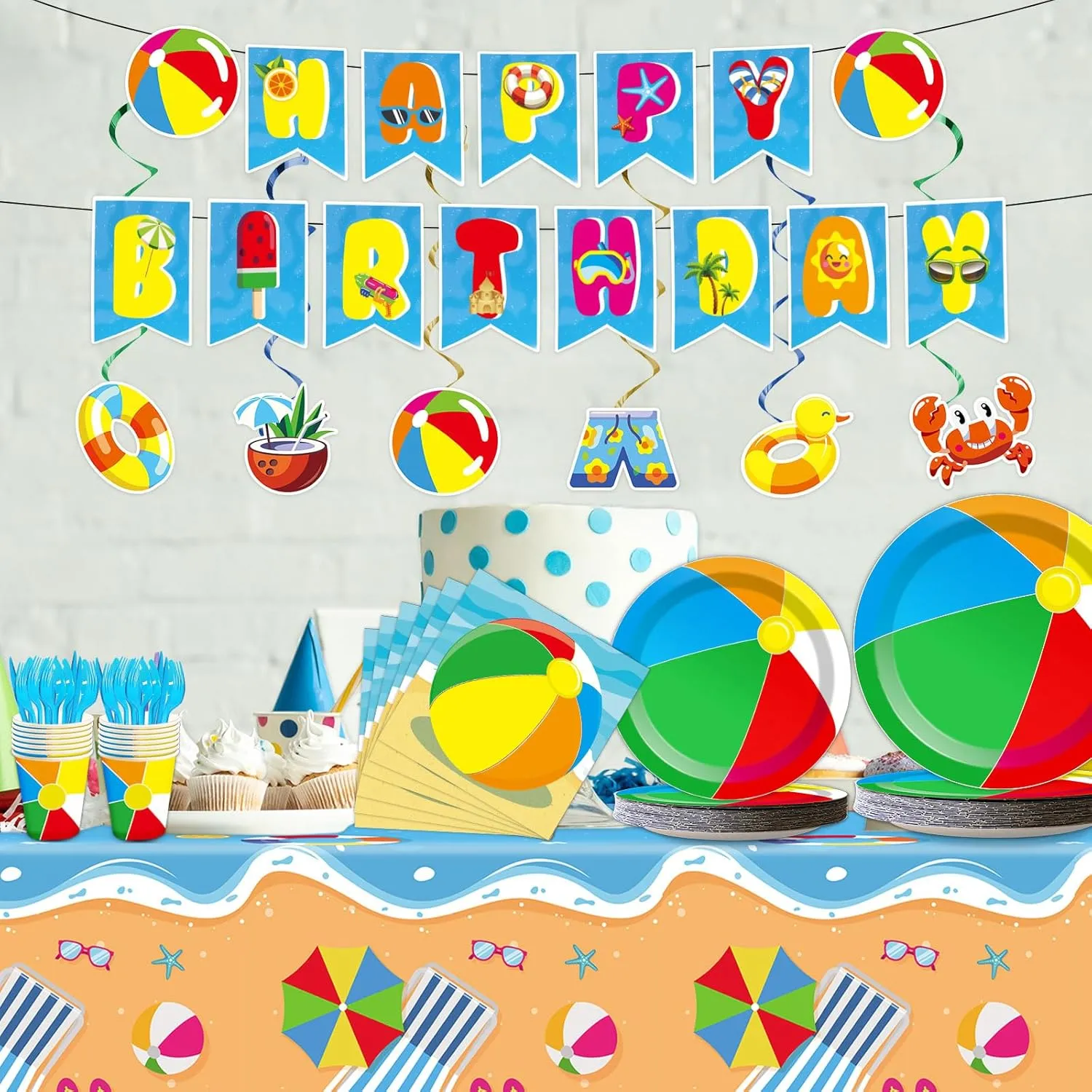 Qyeahkj 184pcs Summer Beach Ball Party Supplies Set Includes Plates Napkins Cups Tablecloth Swirls Banner Tableware Kit Dispose Summer Pool Birthday Decorations Favors, Serve 25