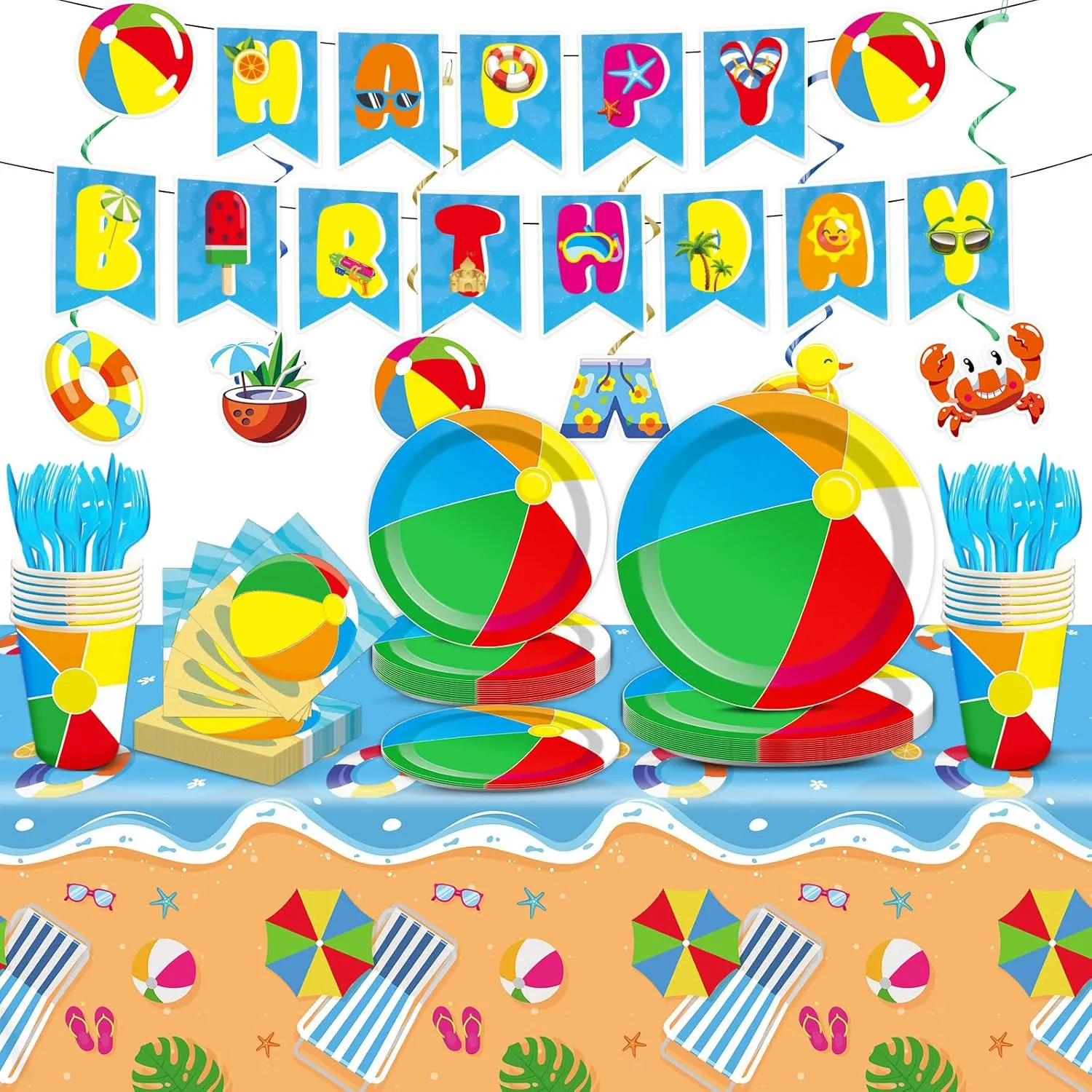 Qyeahkj 184pcs Summer Beach Ball Party Supplies Set Includes Plates Napkins Cups Tablecloth Swirls Banner Tableware Kit Dispose Summer Pool Birthday Decorations Favors, Serve 25