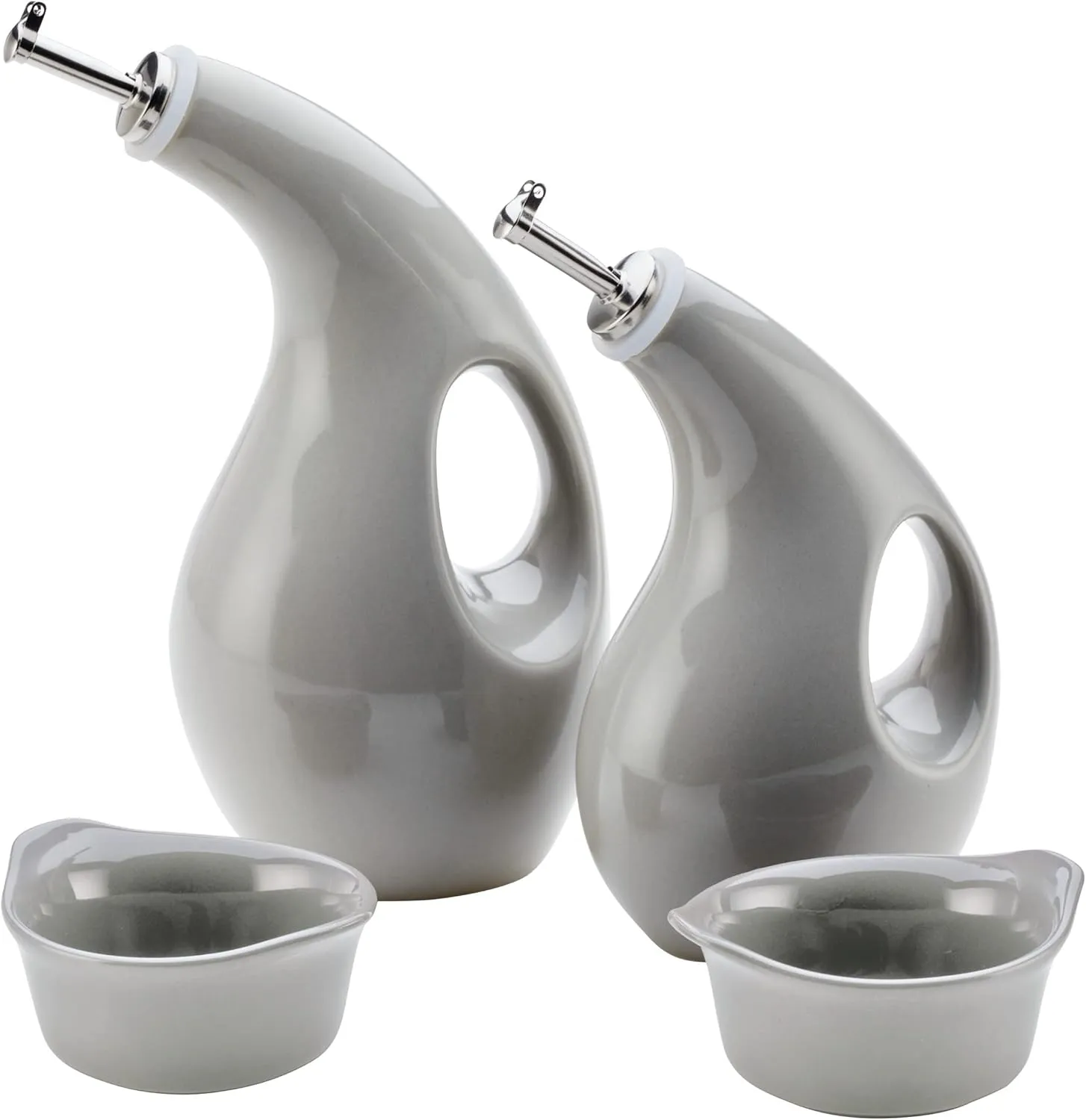 Rachael Ray Serveware Ceramics EVOO and Ramekin Dipper Set, 4 Piece, Light Sea Salt Gray