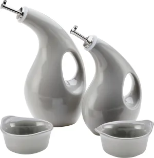 Rachael Ray Serveware Ceramics EVOO and Ramekin Dipper Set, 4 Piece, Light Sea Salt Gray