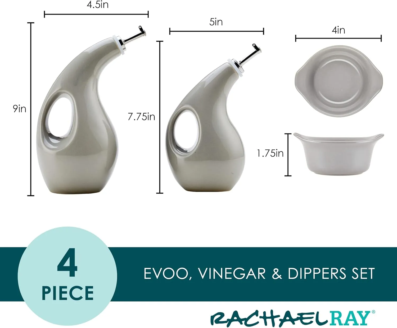 Rachael Ray Serveware Ceramics EVOO and Ramekin Dipper Set, 4 Piece, Light Sea Salt Gray