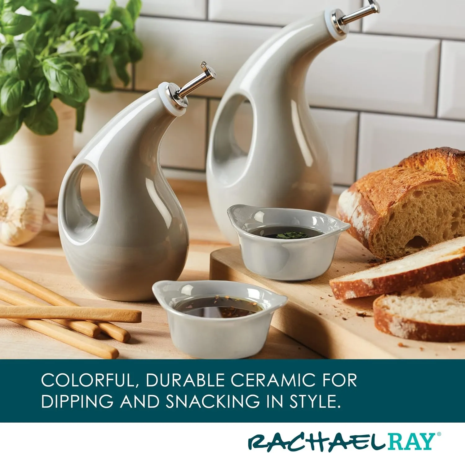 Rachael Ray Serveware Ceramics EVOO and Ramekin Dipper Set, 4 Piece, Light Sea Salt Gray