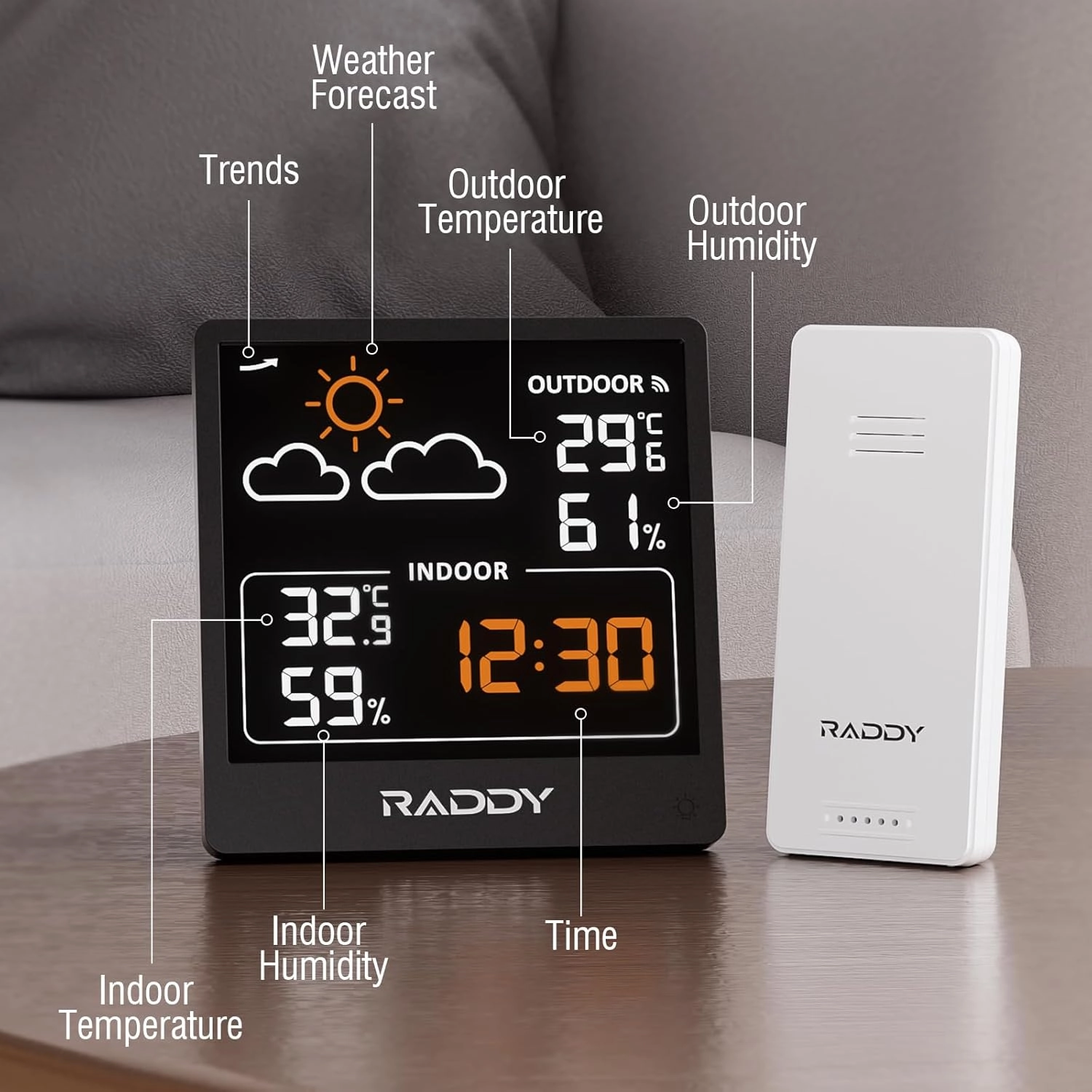 Raddy WF-50V Indoor Outdoor Thermometer Hygrometer, Wireless Weather Station Temperature & Humidity Monitor with 5.0’’ VA Display, USB-C Powered, Weather Forecast, Wireless Remote Sensor (Black)
