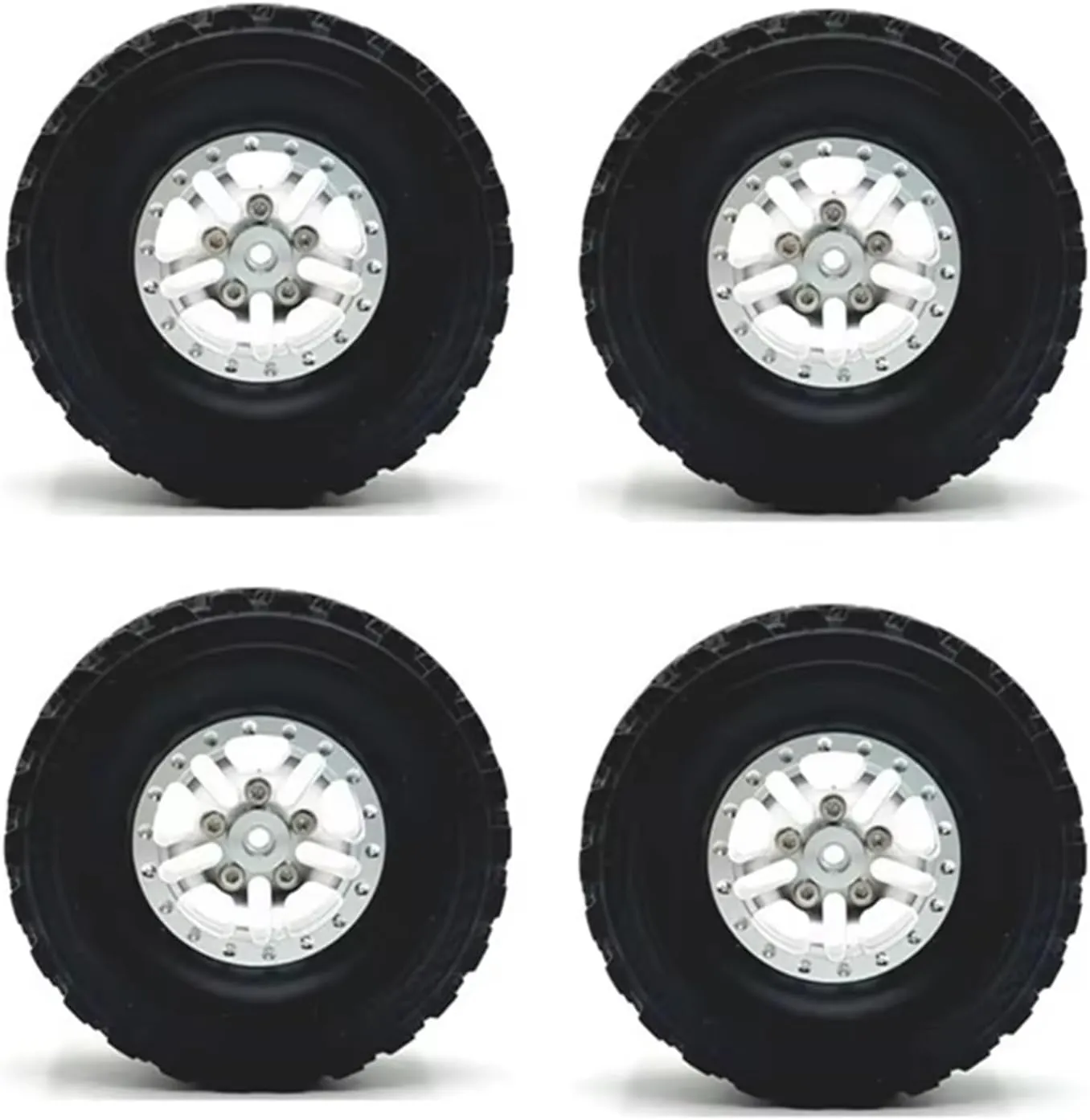 Rc Car Wheel Rim Tire Compatible with WPL C14 C24 B14 B24 B36 for MN D90 for MN99S RC Car Upgrade Parts Metal Beadlock Wheel Hub Wheel Rim and 71mm Rubber Tire(Silver)