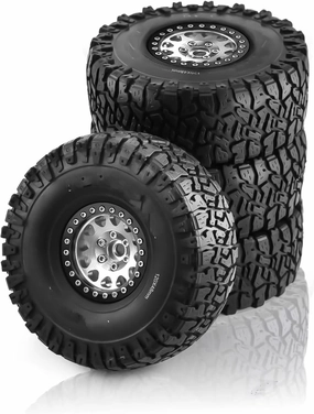 Rc Car Wheel Rim Tire Compatible with Traxxas for TRX4 D90 for Axial for SCX10 for MST 1/10 RC Crawler Car 120mm Metal 1.9" Beadlock Wheel Rim Rubber Tire Set(Silver)