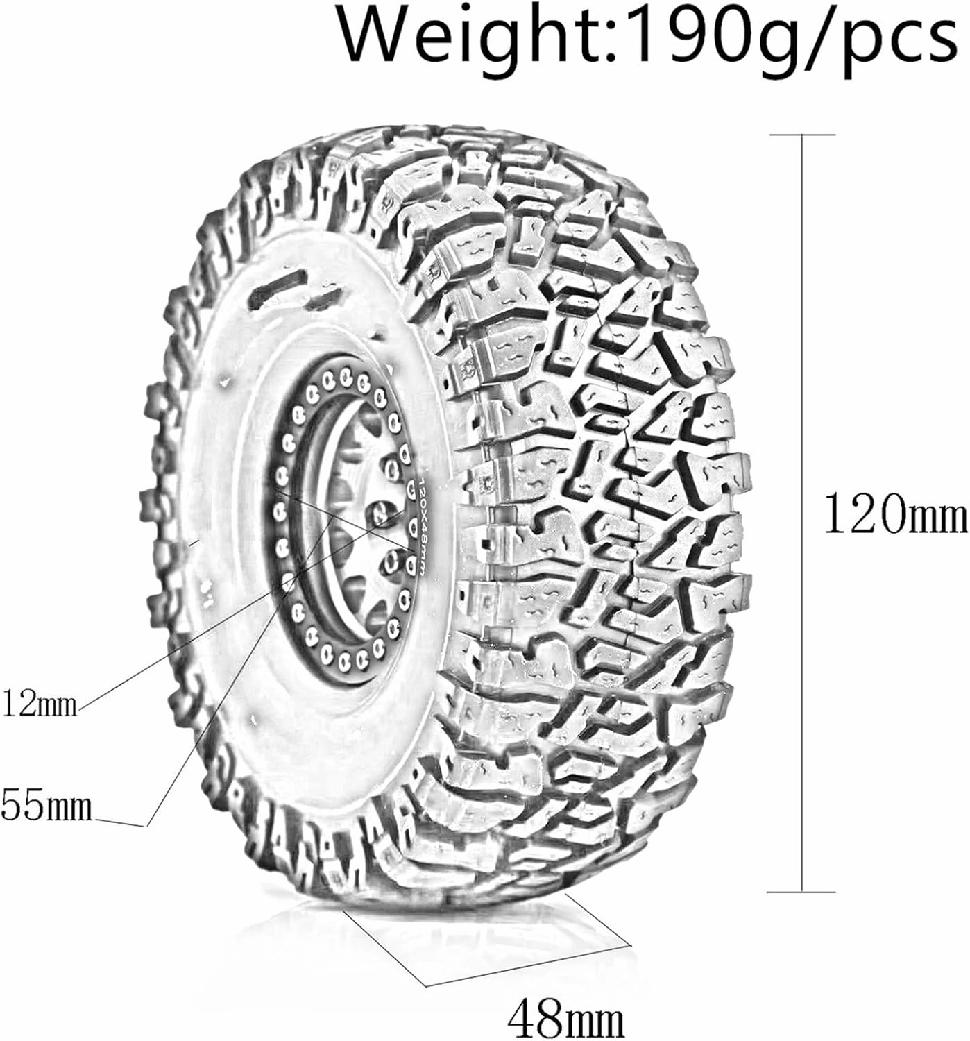 Rc Car Wheel Rim Tire Compatible with Traxxas for TRX4 D90 for Axial for SCX10 for MST 1/10 RC Crawler Car 120mm Metal 1.9" Beadlock Wheel Rim Rubber Tire Set(Silver)