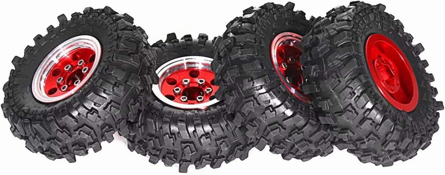 Rc Car Wheel Rim Tire Compatible with TRX4M for SCX24 AX24 for FCX24 1/18 1/24 RC Crawler Car Parts Accessories 4pcs 51mm 1.0" Metal Beadlock Wheel Tire Set(Red)