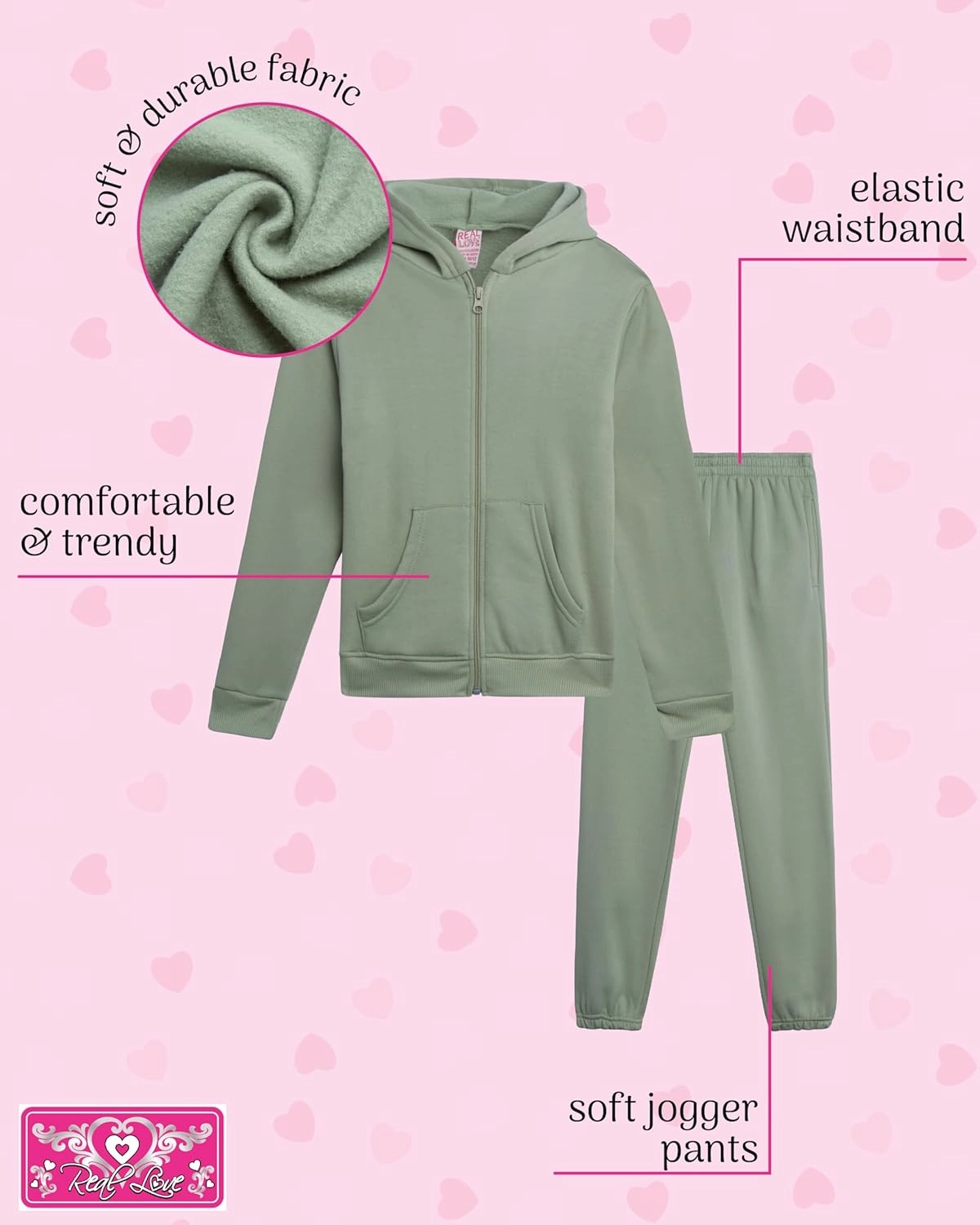Real Love Girls' Jogger Set - 4 Piece Soft Fleece Full Zip Up Hoodie and Jogger Pants for Girls (7-16)