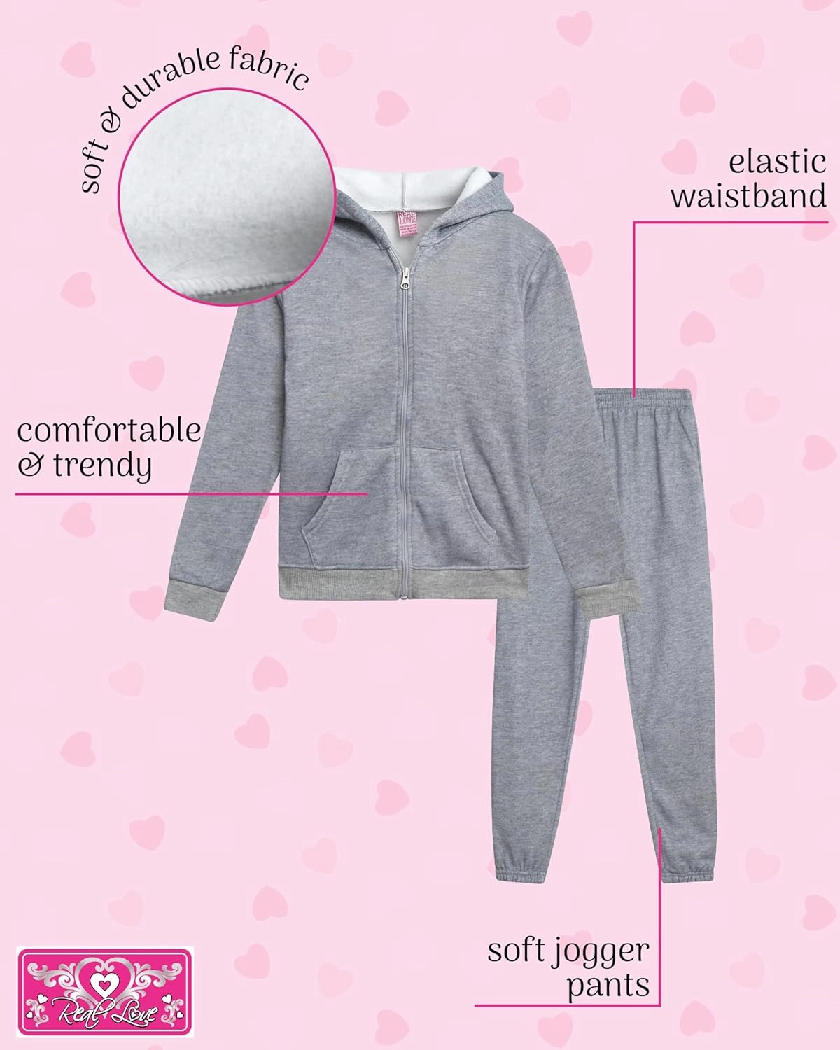 Real Love Girls' Jogger Set - 4 Piece Soft Fleece Full Zip Up Hoodie and Jogger Pants for Girls (7-16)