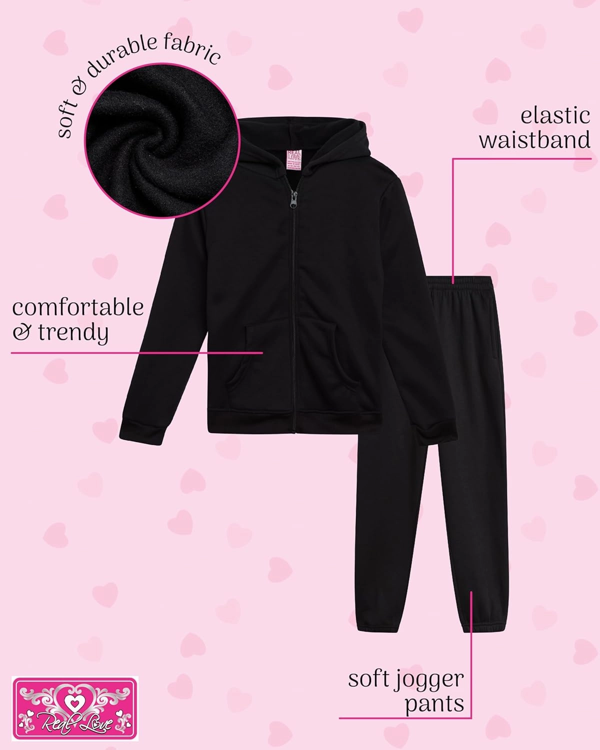 Real Love Girls' Jogger Set - 4 Piece Soft Fleece Full Zip Up Hoodie and Jogger Pants for Girls (7-16)