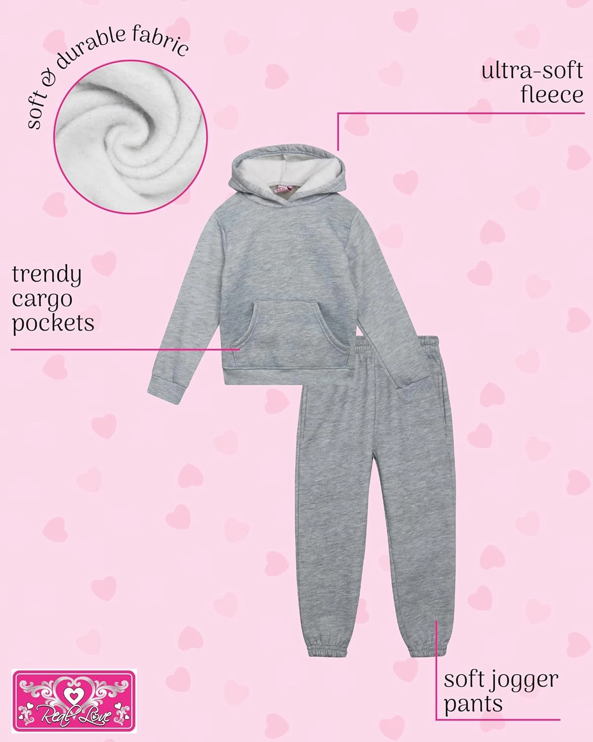 Real Love Girls' Jogger Set - 4 Piece Soft Fleece Pullover Hoodie and Jogger Pants for Toddler & Little Girls (2T-6X)