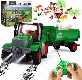 Remote Control Tractor Toys, RC Tractor Set with Trailer/Farm Animals/Fences/Light, Farm Vehicle Toys for 3-7 Year Old Boys Kids Toddlers Birthday Gifts