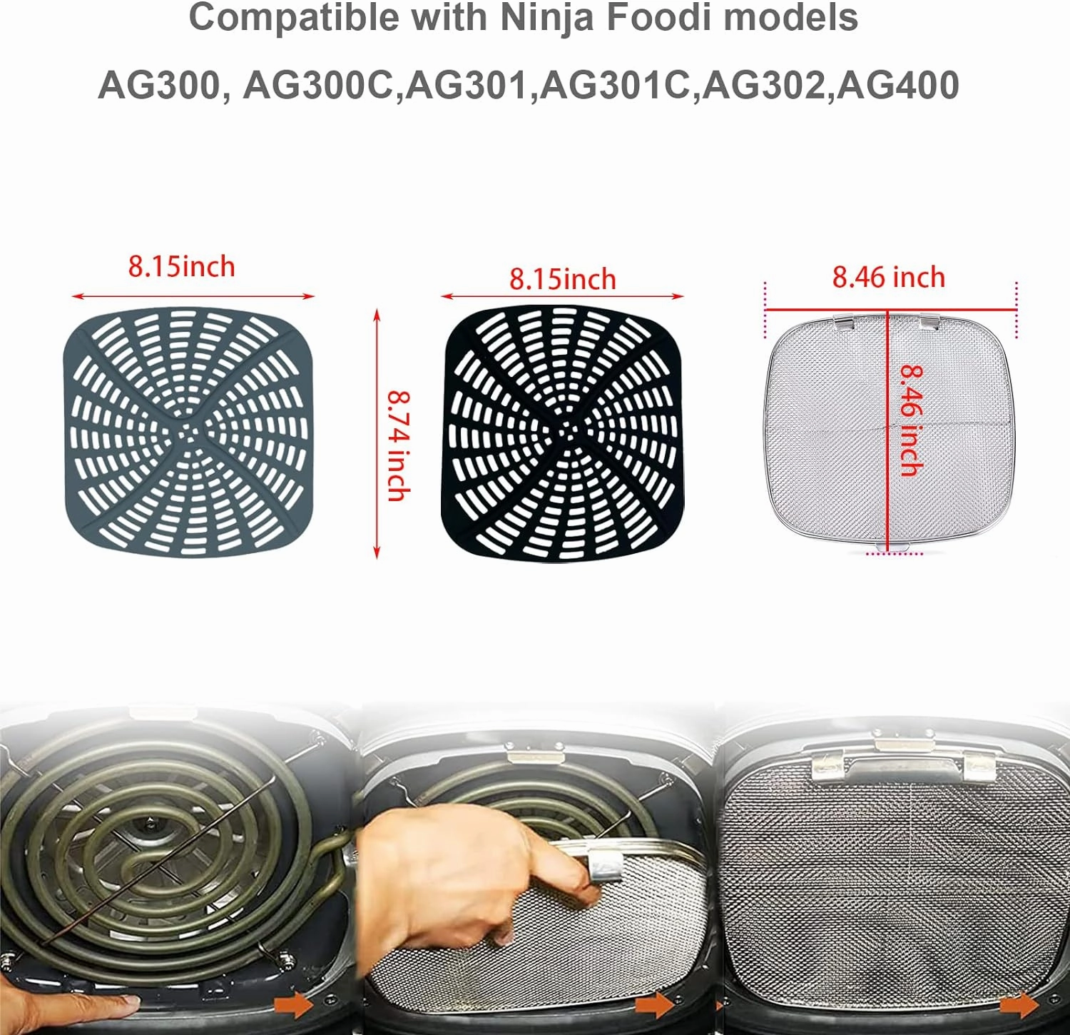 Replacement Stainless Steel Splatter Shield and Reusable Silicone Liner Set for Ninja Foodi AG301, Fine Mesh Splatter Screen Accessories for Ninja Foodi Indoor Grill