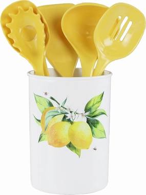 Reston Lloyd 6 Piece Kitchen Utensil Holder for kitchen counter, Utensils crock with Heat Resistant Spoon, Slotted Spoon, Ladle, Spatula BPA Free, Fresh Lemons