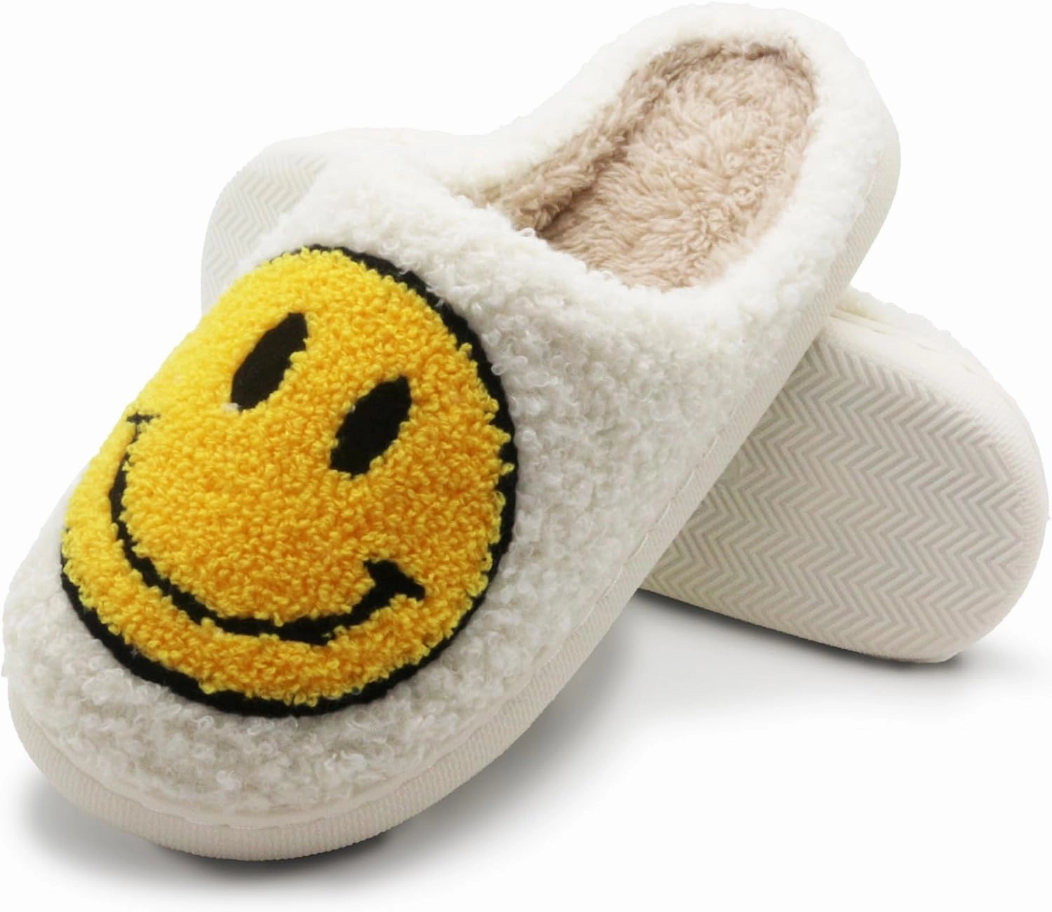 Retro Fuzzy Face Slippers for Women Men, Soft Plush Warm Slip-on Couple Style Casual Happy Face Slippers Cozy Indoor Outdoor Lightweight Anti-Skid Sole Cute House Slippers with Memory Foam