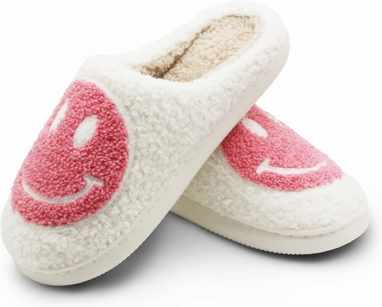 Retro Fuzzy Face Slippers for Women Men, Soft Plush Warm Slip-on Couple Style Casual Happy Face Slippers Cozy Indoor Outdoor Lightweight Anti-Skid Sole Cute House Slippers with Memory Foam